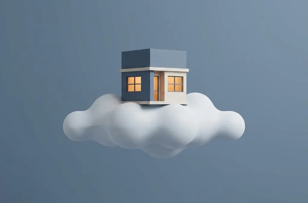 Klein winkelpand zweeft boven een wolkvorm, symbool voor cloudinfrastructuur, in leisteenblauw, wit en amber.