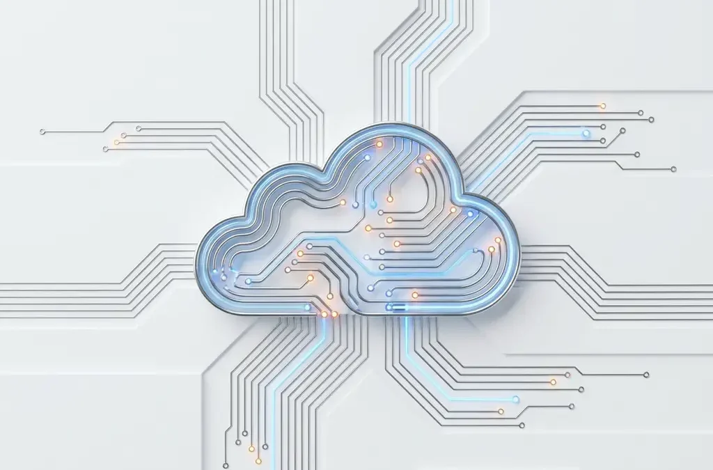 Zwevende cloudvorm verbonden met geometrische circuitpaden, gloeiende nodes in zilver, elektrisch blauw en amber op wit vlak.