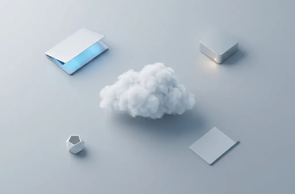 Witte cumuluswolk op minimalistisch bureau met laptop en server, bovenaanzicht in blauw-witte tinten.