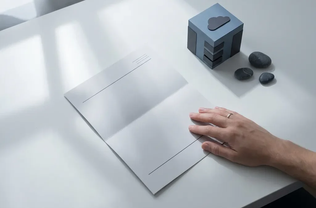 Hand van een ondernemer op een contractdocument naast een miniatuur cloudserver op een wit bureau.