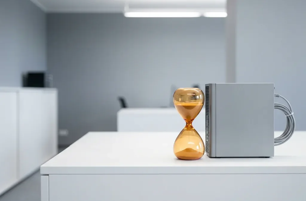 Vintage zandloper met gloeiend amber zand naast een kleine servertoren op wit bureau, minimalistische kantooromgeving.